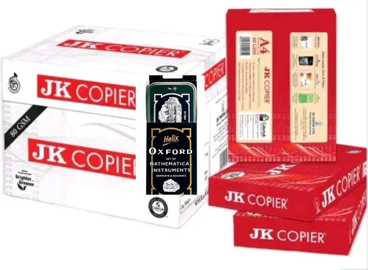 Jk Copier A4 Printing, Photocopy Papers 80GSM -(5 REAMS- ONE BOX) one carton of  5 ream papers  25000 sheets With free GIFT of Geometrical set