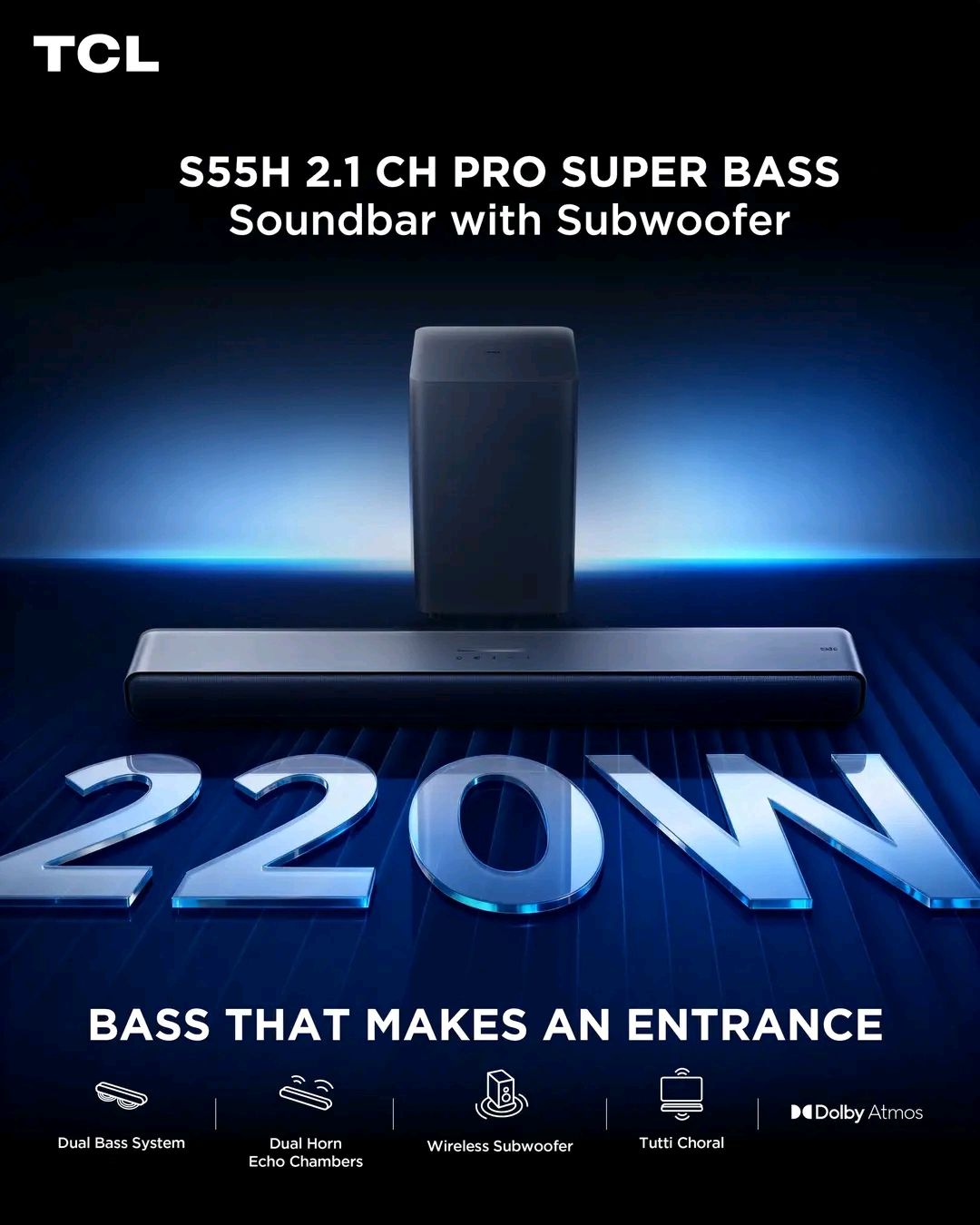 CLEARANCE OFFER!!! TCL S55H Wireless Soundbar 220W 2.1 Ch Dolby Atmos 1 YEAR WARRANTYY. WITH FREE EXTENSION GIFT