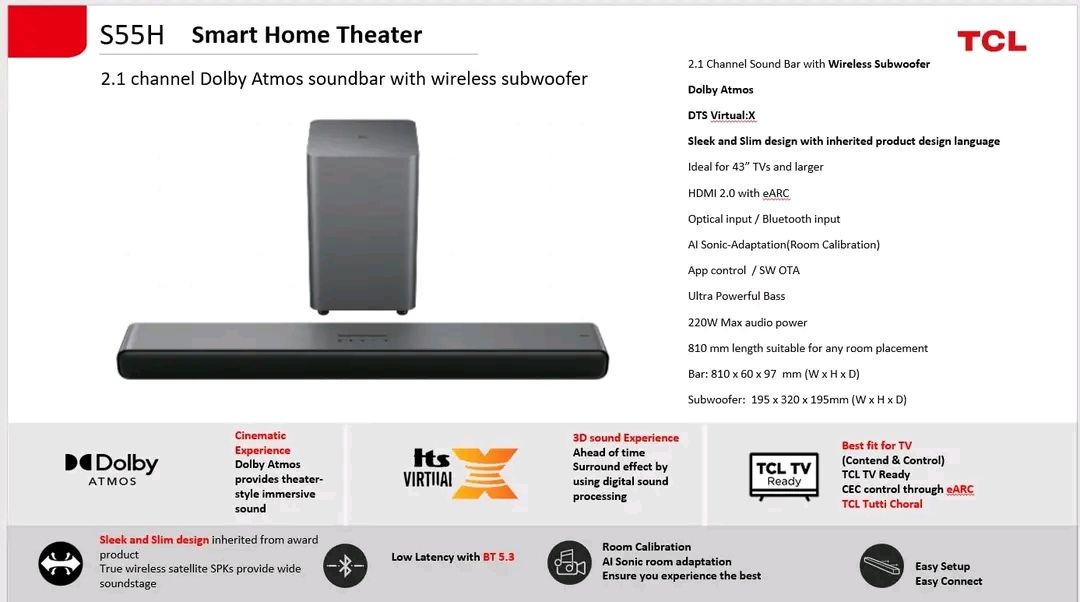 CLEARANCE OFFER!!! TCL S55H Wireless Soundbar 220W 2.1 Ch Dolby Atmos 1 YEAR WARRANTYY. WITH FREE EXTENSION GIFT