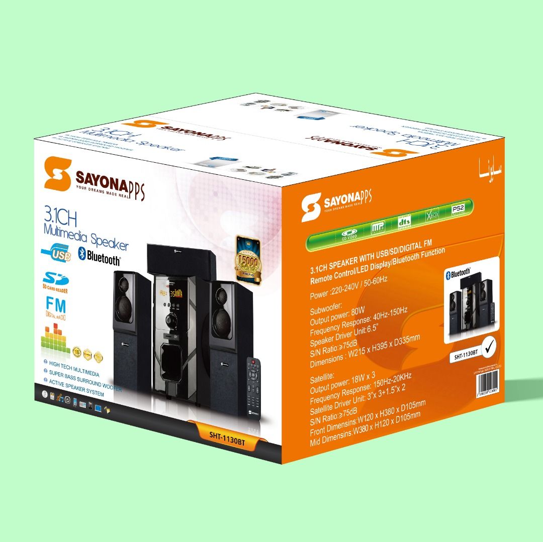 Experience powerful, Sayona 3.1 Channel Subwoofer SHT 1130BT 15000W P.M.P.O Sub woofer sound system with Digital Amplifier. FM, P.M.P.O, Radio, sd card with FREE GIFT OF FLASH DRIVE
