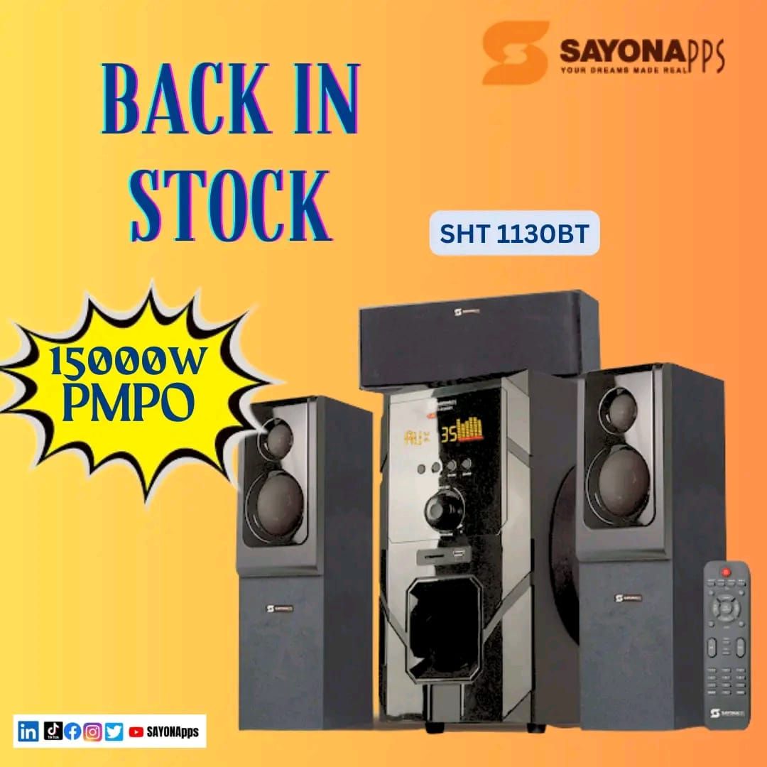 Experience powerful, Sayona 3.1 Channel Subwoofer SHT 1130BT 15000W P.M.P.O Sub woofer sound system with Digital Amplifier. FM, P.M.P.O, Radio, sd card with FREE GIFT OF FLASH DRIVE