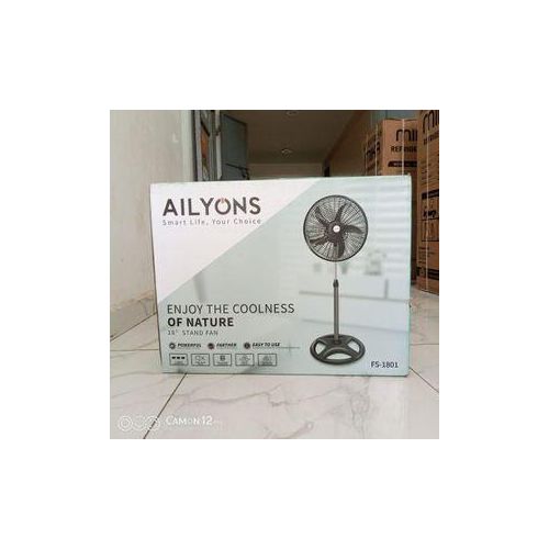 AILYONS 18inch Stand Fan 5 Blades Electric Fan Oscillating Solar/Electric Powered 3 Speeds Household Cooling Round Base Support- Black 1yr Warranty