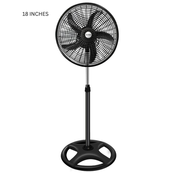 AILYONS 18inch Stand Fan 5 Blades Electric Fan Oscillating Solar/Electric Powered 3 Speeds Household Cooling Round Base Support- Black 1yr Warranty