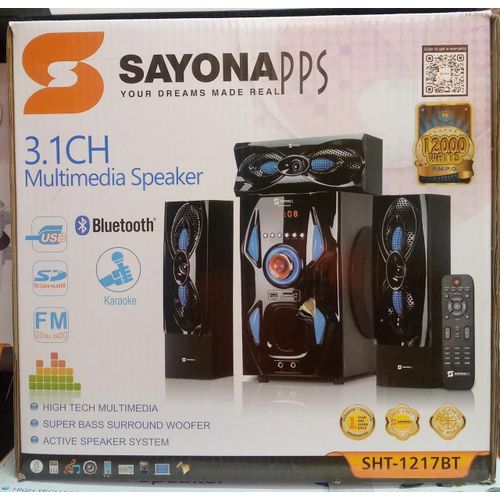 LIMITED DEAL Sayona 3.1 Channel subwoofer SHT 1217BT, 12000W P.M.P.O WITH FREE EXTENSION GIFT .Remote LED Display Compatible with DVD, CD, MPEG-4, MP3 & WMA Aux/Digital FM read