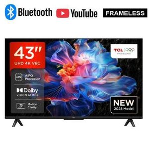 TCL 43 Inches  4K UHD V6C model, HDR Smart Google TV Ultra HD Direct LED, Netflix, YouTube, Dolby Audio,sleek bezel-less  design With Free Gift of Wall Mount and TV GUARD