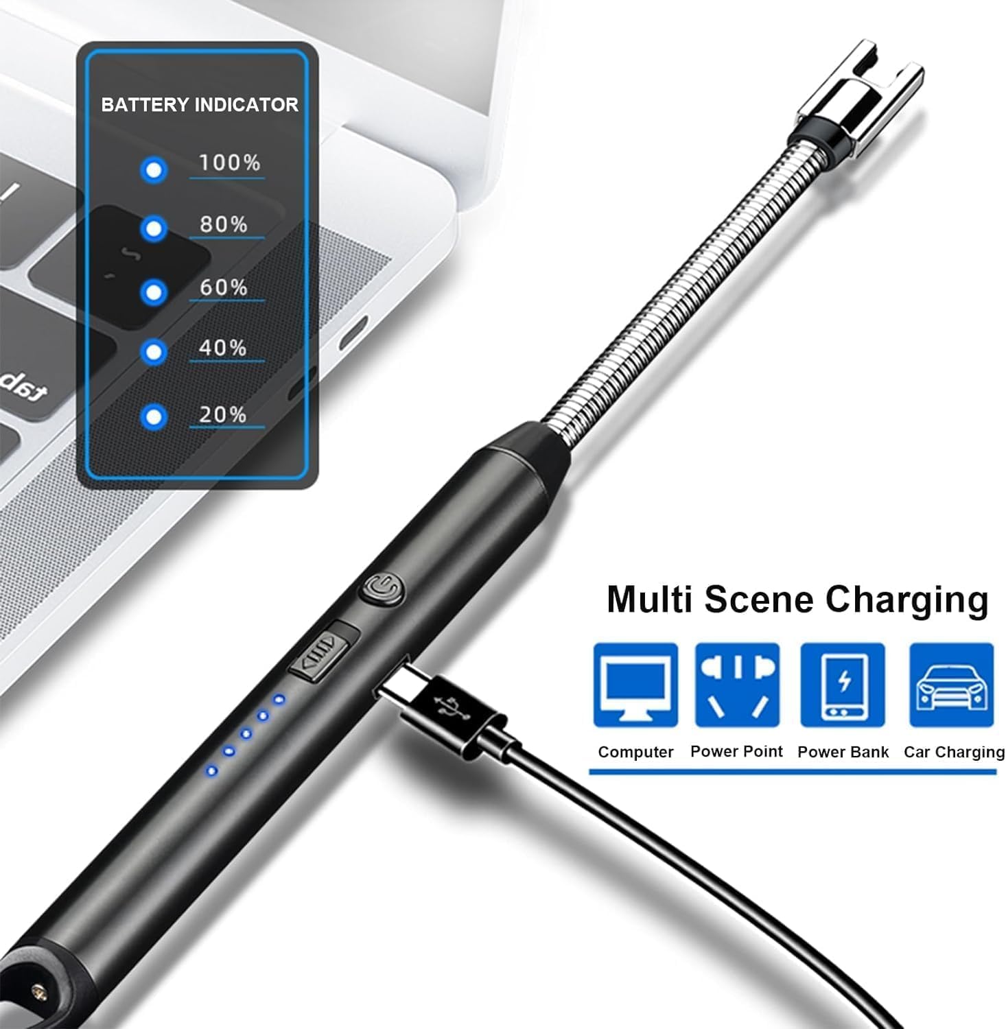 Stainless Steel Electric Rechargeable Plasma Lighter: Flameless, Windproof, 360° Flexible Neck USB Arc Lighter for Kitchen, Candles, and Gas Stoves