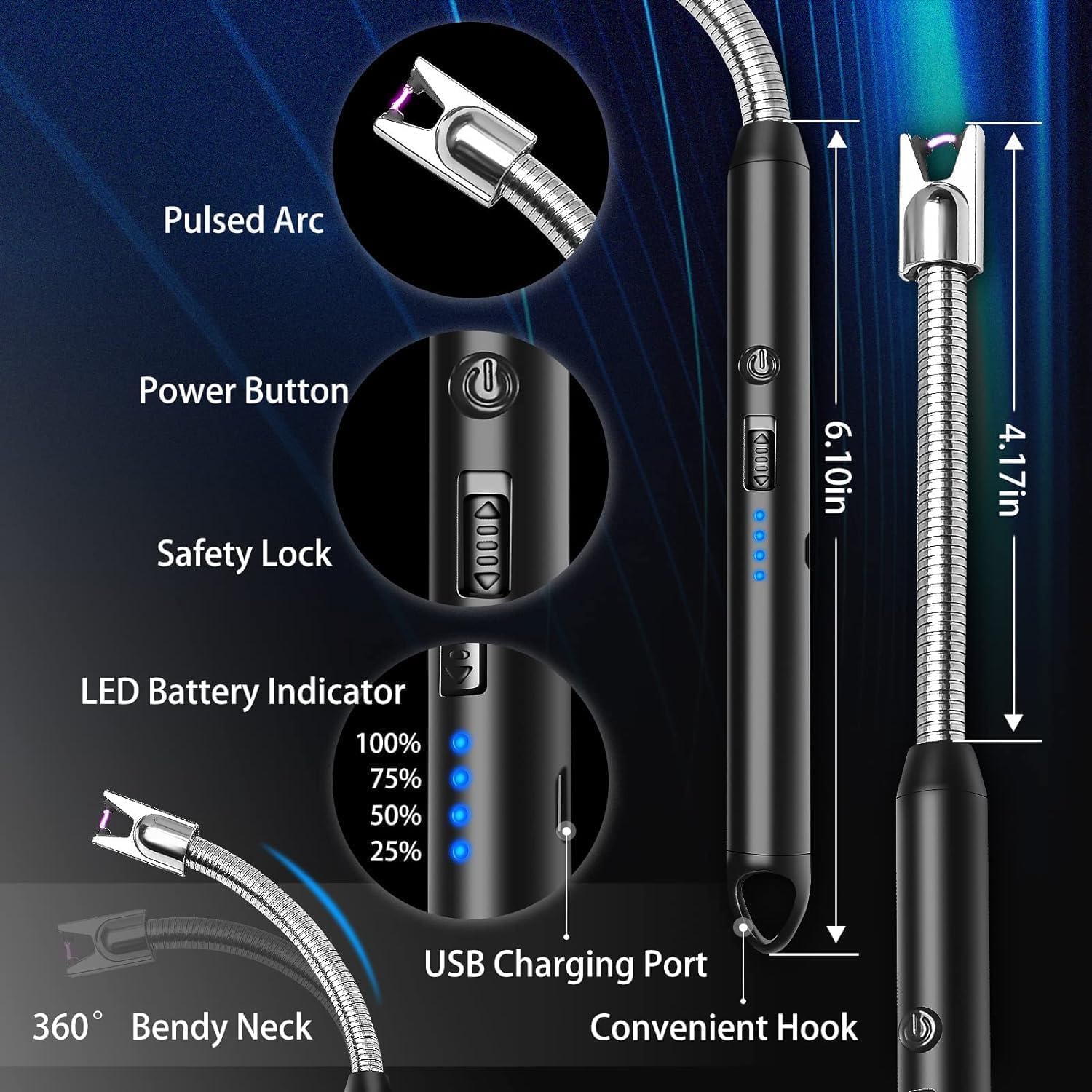 Stainless Steel Electric Rechargeable Plasma Lighter: Flameless, Windproof, 360° Flexible Neck USB Arc Lighter for Kitchen, Candles, and Gas Stoves