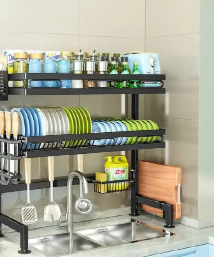 HOT DEAL🤑Hot Sale Over The Sink Extendable Dish Drying Rack,2 Tier Full 304 Stainless Steel Dish Drainer Rack, Adjustable Length (45CM _ 85CM) Kitchen Storage Counter With Cup Hanging Set And Hooks