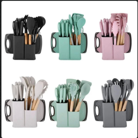 19 pieces High quality silicone Kitchenware Set includes silicon spoons set with wooden handles, knives set and a chopping board