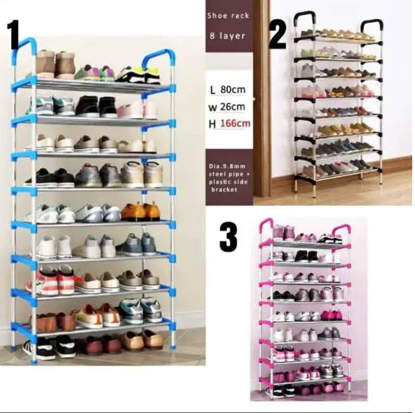 8 Tier Adjustable Shoe Rack – Versatile Vertical Shoe Storage Organizer with DIY Stackable Shelves, Available in Black, Pink & Blue – Space-Saving Design for Hallways & Closets