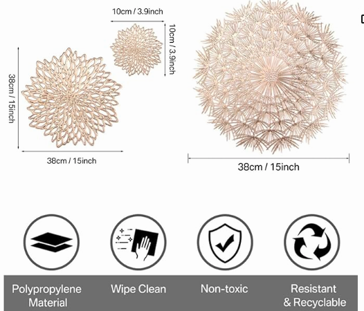 6pcs table mats PCV Placemats for Dining Table Set of 6，Stain Resistant Washable Durable Metallic Pressed Vinyl Fancy Kitchen Mats