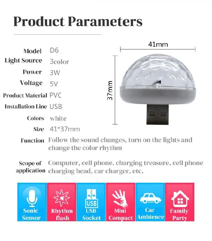 USB Mini Disco Light,Party Lights Ball Sound Activated, Halloween DJ Disco Ball Stage Lights-Multi Colors LED Car Atmosphere Light,Magic Strobe Light for Xmas Parties,Pool,Club,Church,Karaoke