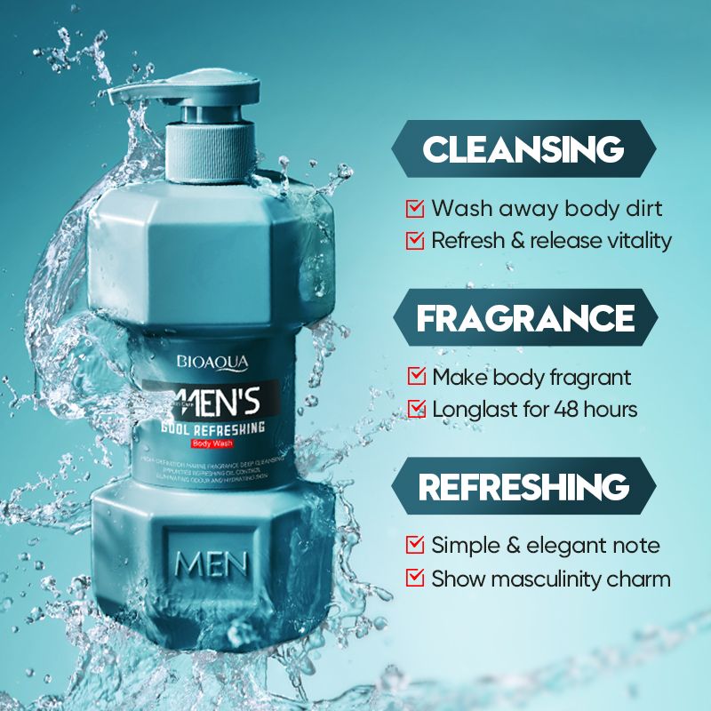 (1pc body wash +4 free bath sponges as a gift)SADOER 500ml OCEAN COOL Men's Body Wash Amino Acid Clean gently Nourishing skin Moisturizing Fragrance Shower Gel remove dirt Remove mites