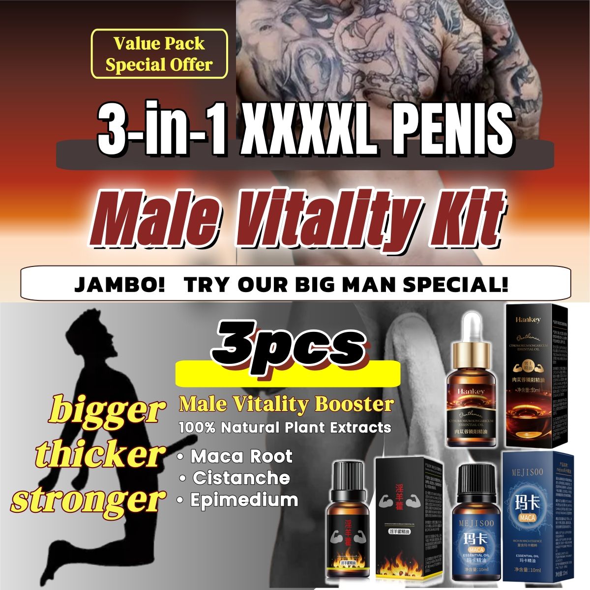3pcs Men Health Massage Oil Man Cock Massage Enlargement Penis Thickening Dick Larger Phallus Thicker Longer Growth Stronger Men's Genital Enhancement