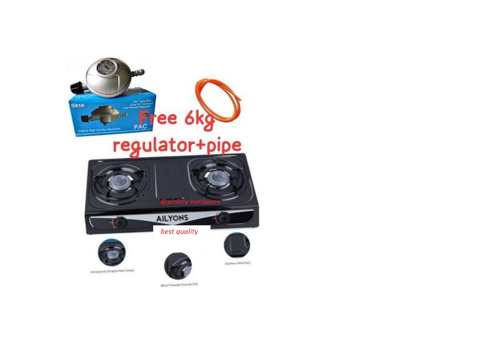 AILYONS Table Top Stainless Steel 2 Burner Gas Cooker Plus 6kg Regulator,1.5m Pipe And Free Tightening Clips