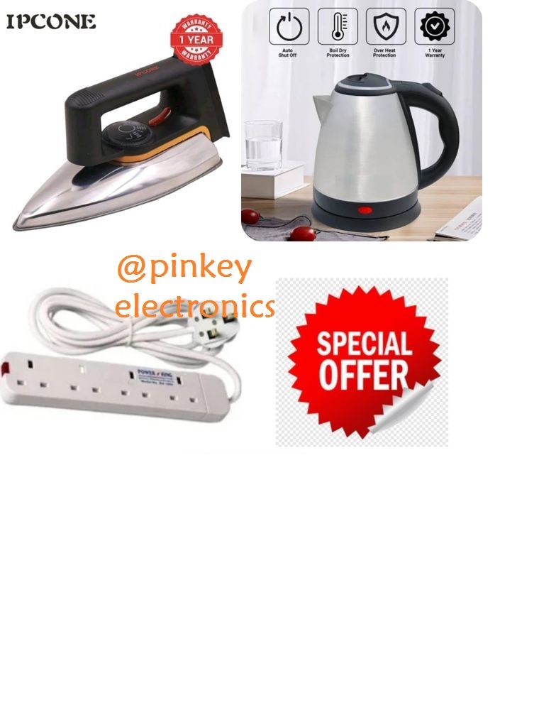 IPCONE 2.0L Electric Kettle + 4-Way Power Extension + Dry Iron Box – Fast Boil & Complete Home Combo