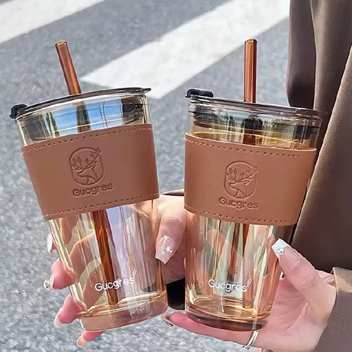 Thick Glass Mug Heat-Resistant 450ml Deer Coffee Cup Water Bottle Milk Juice Cup Drinkware Travel Sealed Non-slip Set Straw Mug