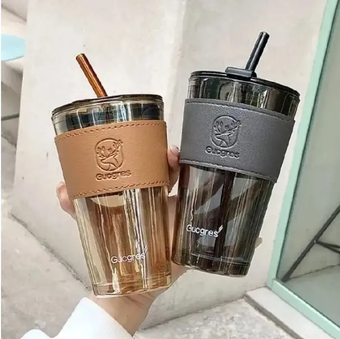 Thick Glass Mug Heat-Resistant 450ml Deer Coffee Cup Water Bottle Milk Juice Cup Drinkware Travel Sealed Non-slip Set Straw Mug