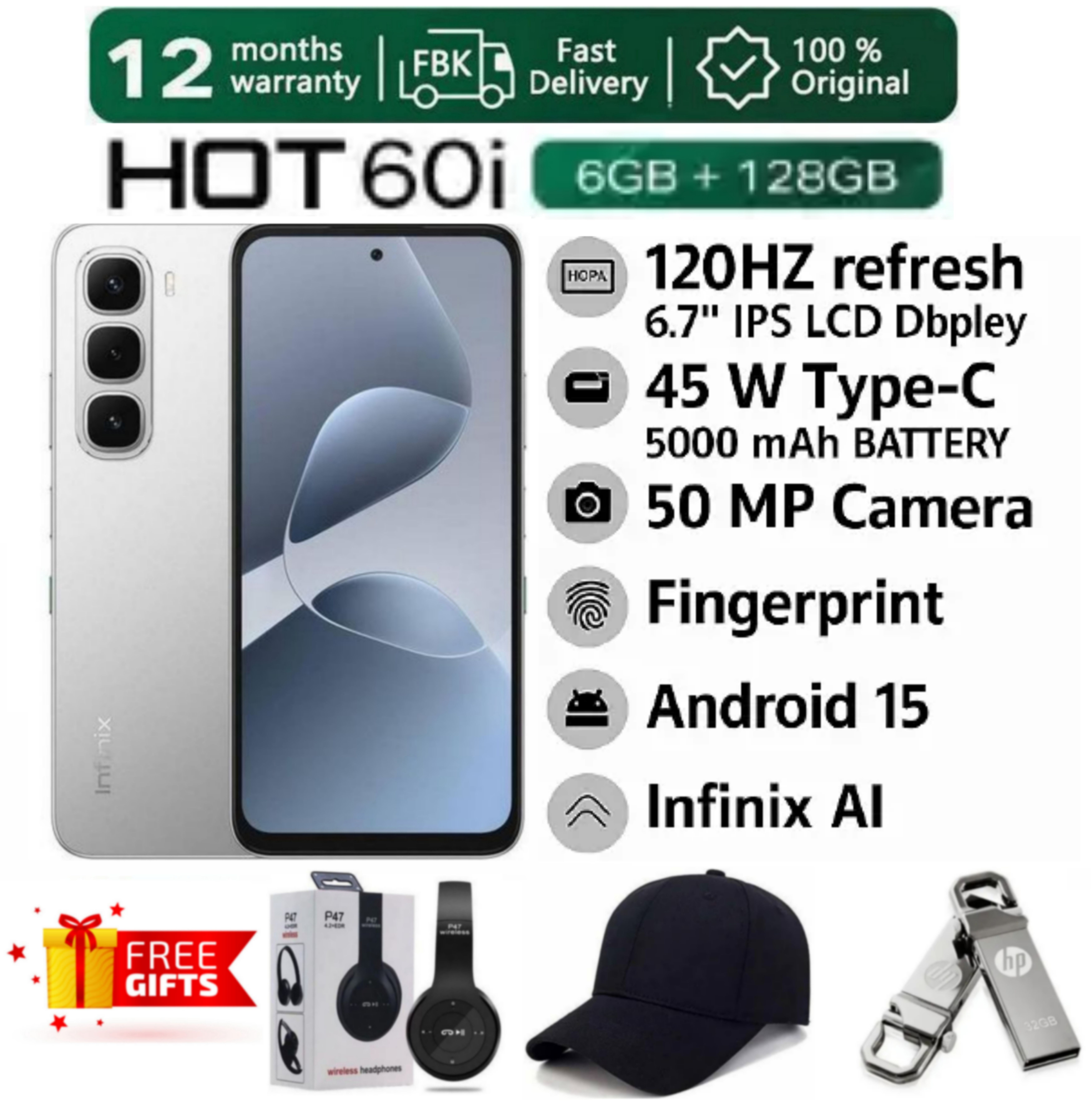 SUPER DEALS!!! [25-Month Warranty] INFINIX HOT 60i 12(6+6) GB RAM + 128GB ROM 6.7" 120Hz 4G Slim Phone Dual SIM 5160mAh 45W Fast Charging 50MP Camera MTK G8I Smart Phones + FREE GIFTS INCLUDED