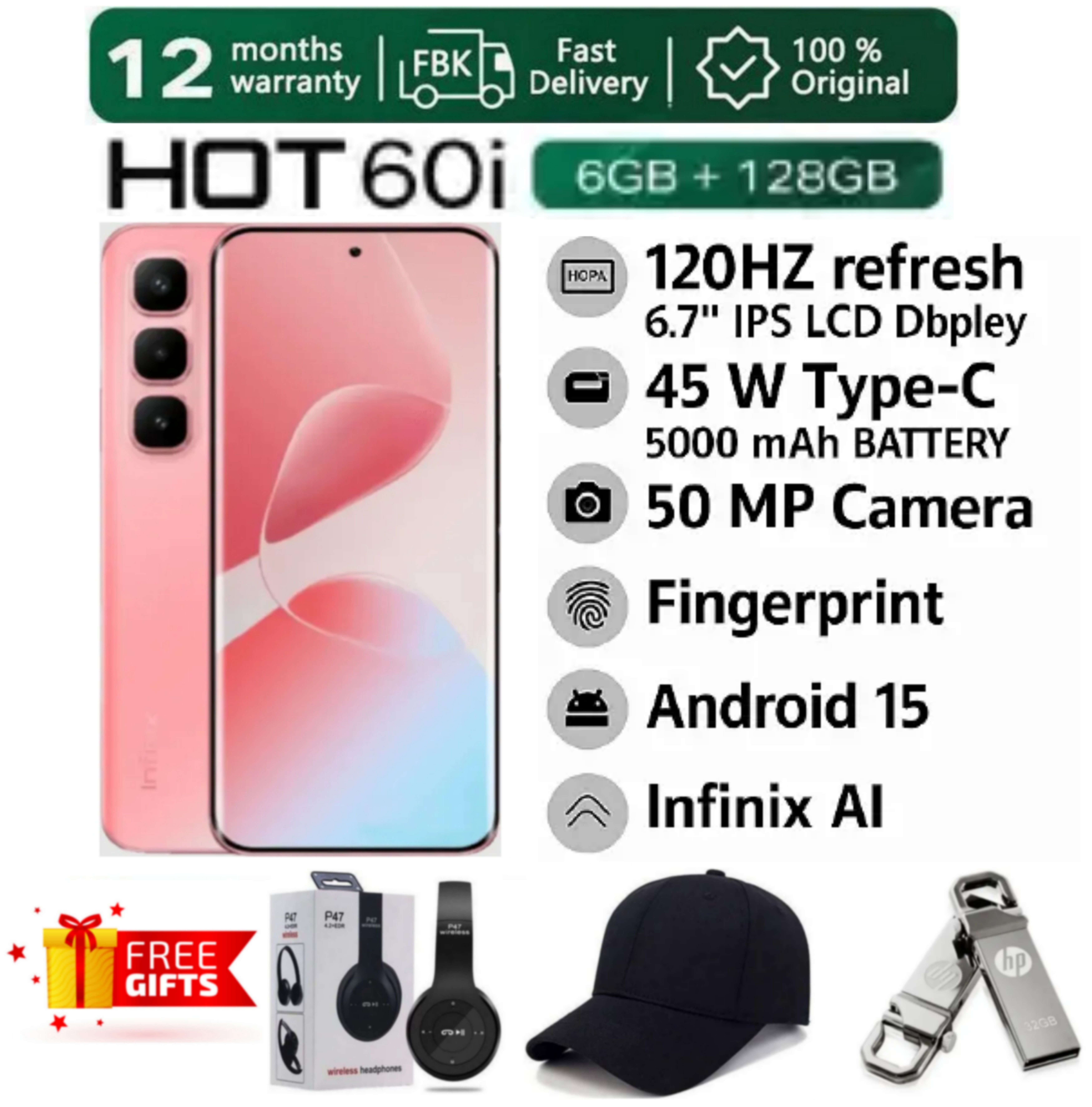 SUPER DEALS!!! [25-Month Warranty] INFINIX HOT 60i 12(6+6) GB RAM + 128GB ROM 6.7" 120Hz 4G Slim Phone Dual SIM 5160mAh 45W Fast Charging 50MP Camera MTK G8I Smart Phones + FREE GIFTS INCLUDED