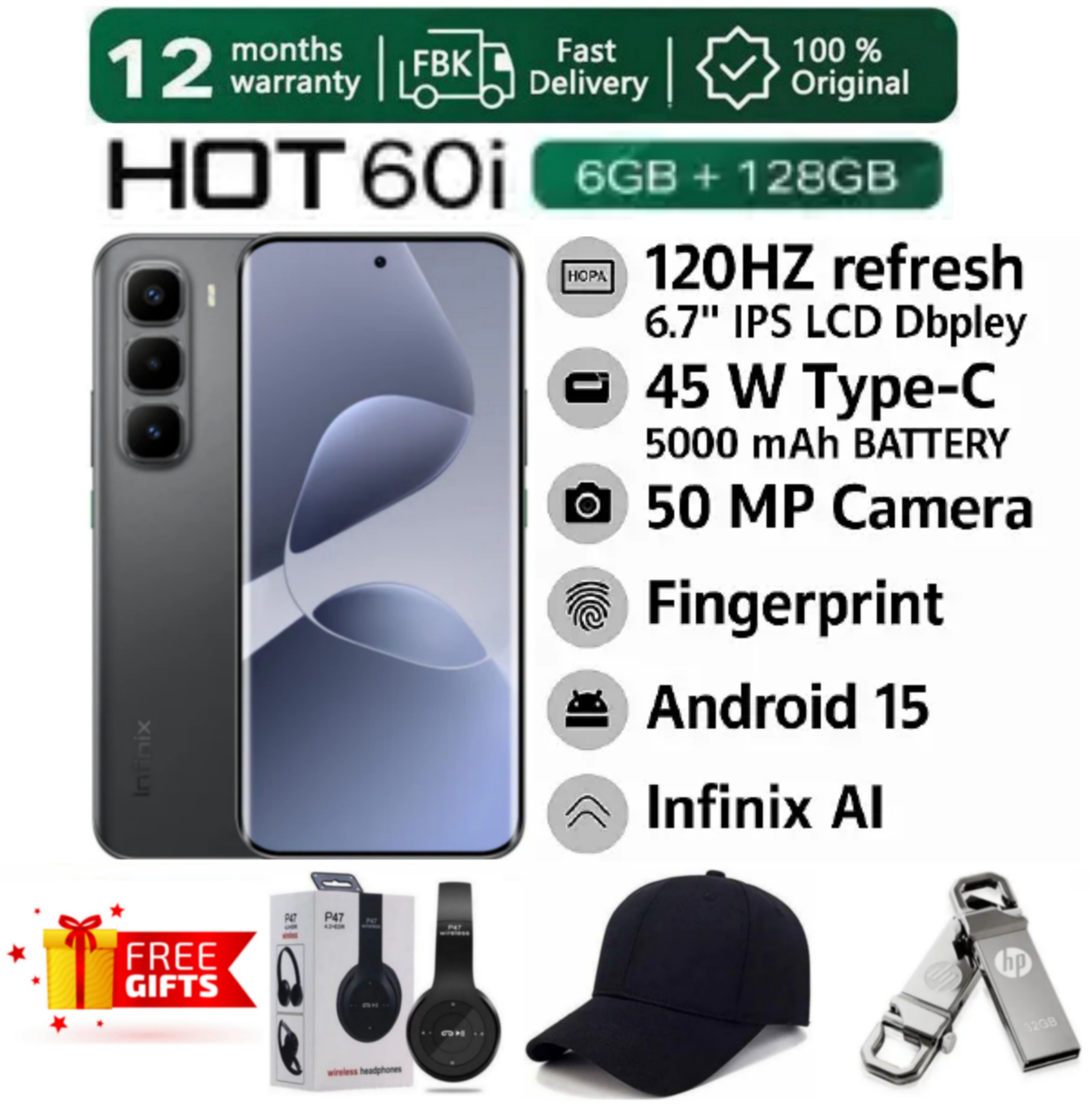 SUPER DEALS!!! [25-Month Warranty] INFINIX HOT 60i 12(6+6) GB RAM + 128GB ROM 6.7" 120Hz 4G Slim Phone Dual SIM 5160mAh 45W Fast Charging 50MP Camera MTK G8I Smart Phones + FREE GIFTS INCLUDED