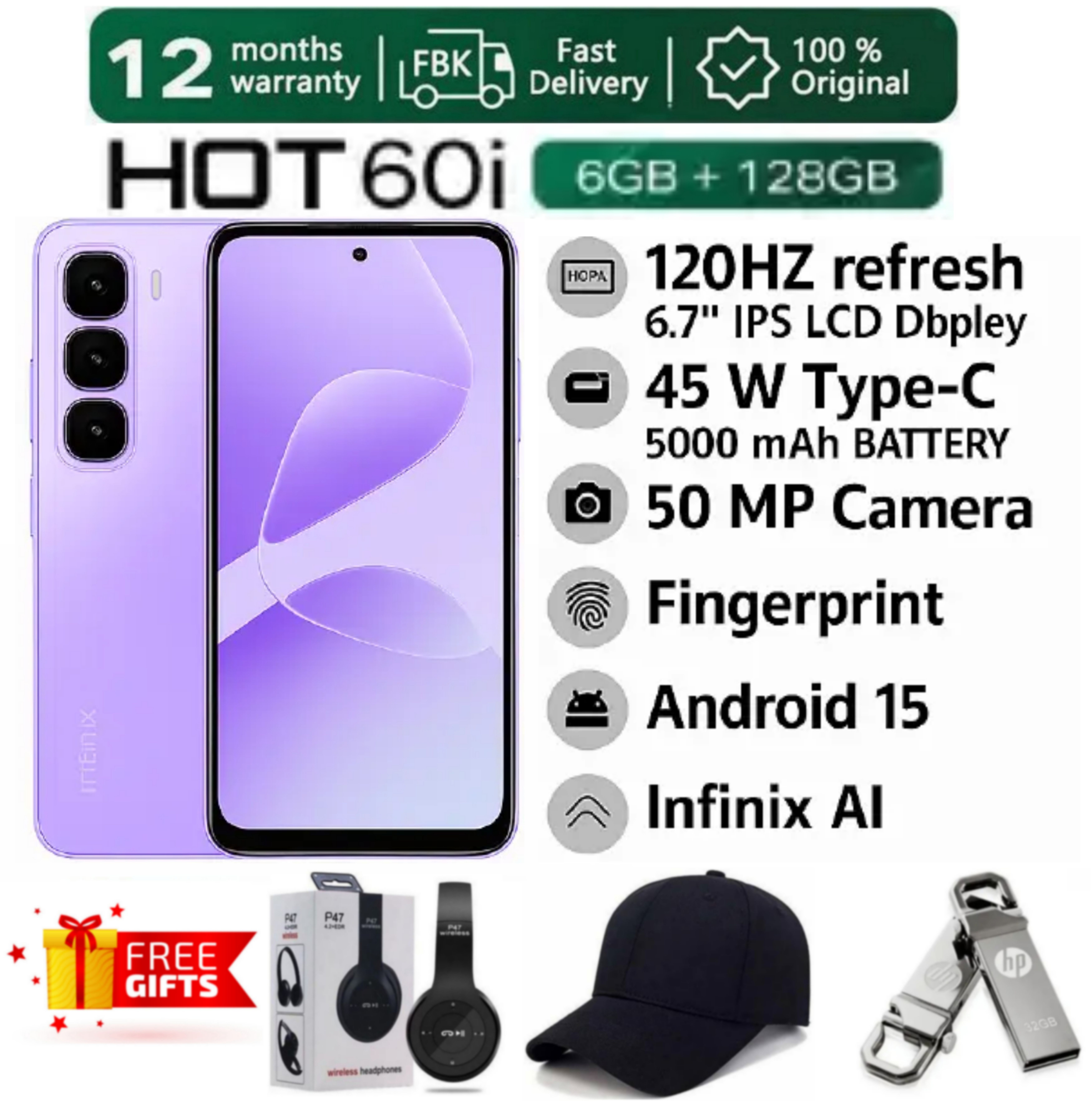 SUPER DEALS!!! [25-Month Warranty] INFINIX HOT 60i 12(6+6) GB RAM + 128GB ROM 6.7" 120Hz 4G Slim Phone Dual SIM 5160mAh 45W Fast Charging 50MP Camera MTK G8I Smart Phones + FREE GIFTS INCLUDED