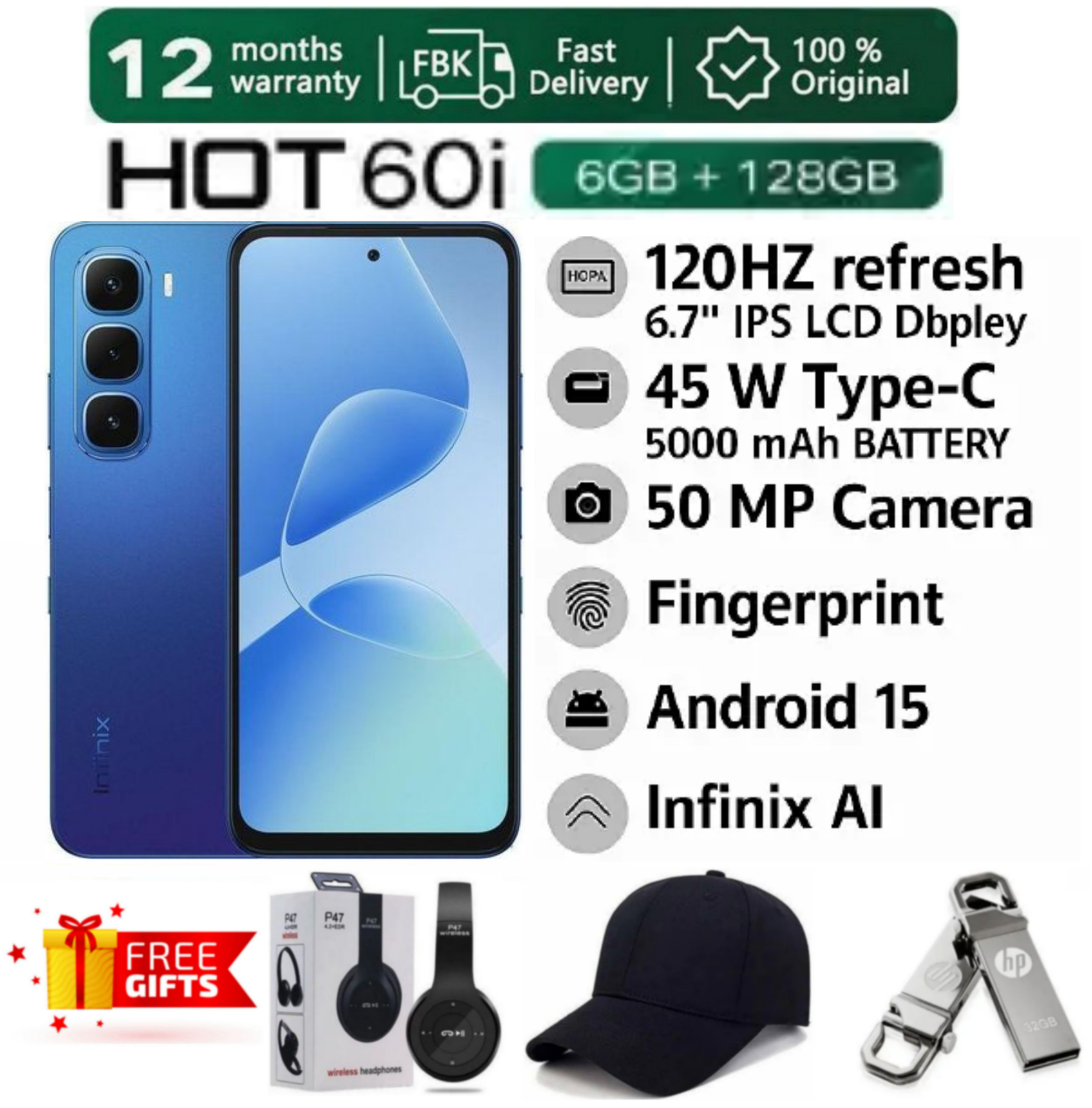 SUPER DEALS!!! [25-Month Warranty] INFINIX HOT 60i 12(6+6) GB RAM + 128GB ROM 6.7" 120Hz 4G Slim Phone Dual SIM 5160mAh 45W Fast Charging 50MP Camera MTK G8I Smart Phones + FREE GIFTS INCLUDED