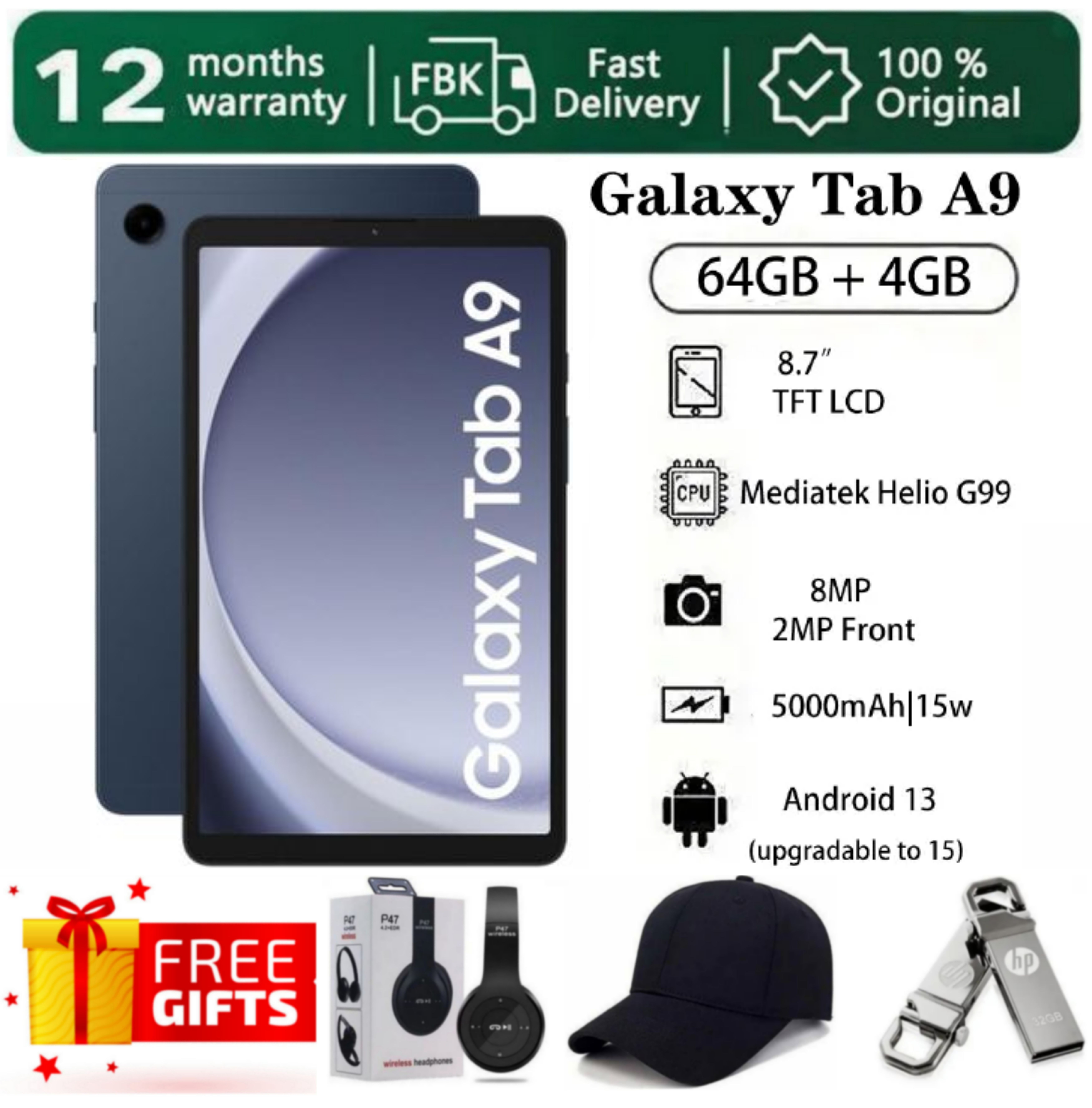 SUPER DEALS!!! SAMSUNG GALAXY Tab A9 64GB ROM Storage + 4GB RAM 8.7" TFT LCD Display 8MP Camera Android 13 (Upgradable to Android 15) MediaTek Helio G99 15W 5100mAh Tablet + FREE GIFTS INCLUDED