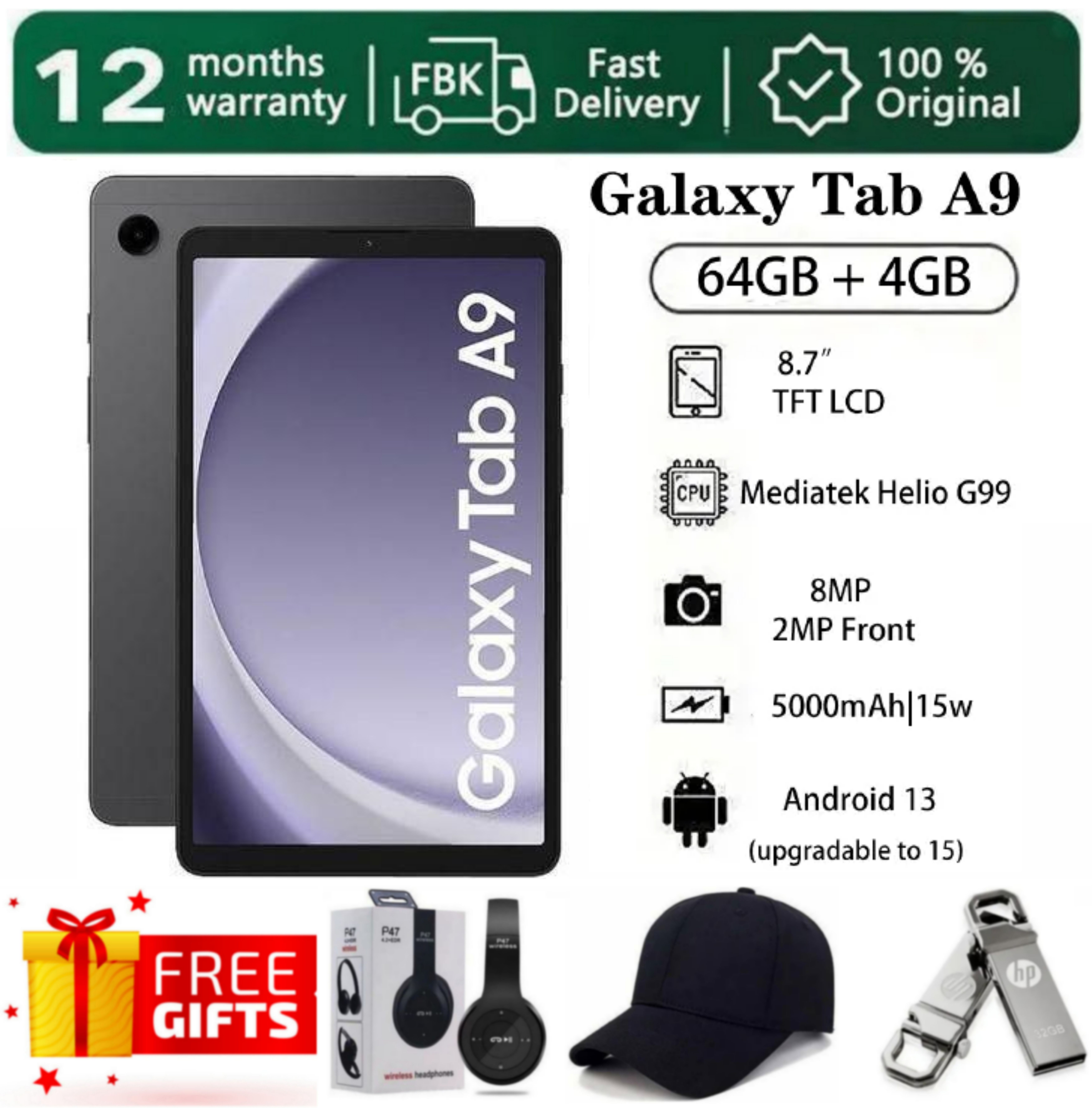 SUPER DEALS!!! SAMSUNG GALAXY Tab A9 64GB ROM Storage + 4GB RAM 8.7" TFT LCD Display 8MP Camera Android 13 (Upgradable to Android 15) MediaTek Helio G99 15W 5100mAh Tablet + FREE GIFTS INCLUDED