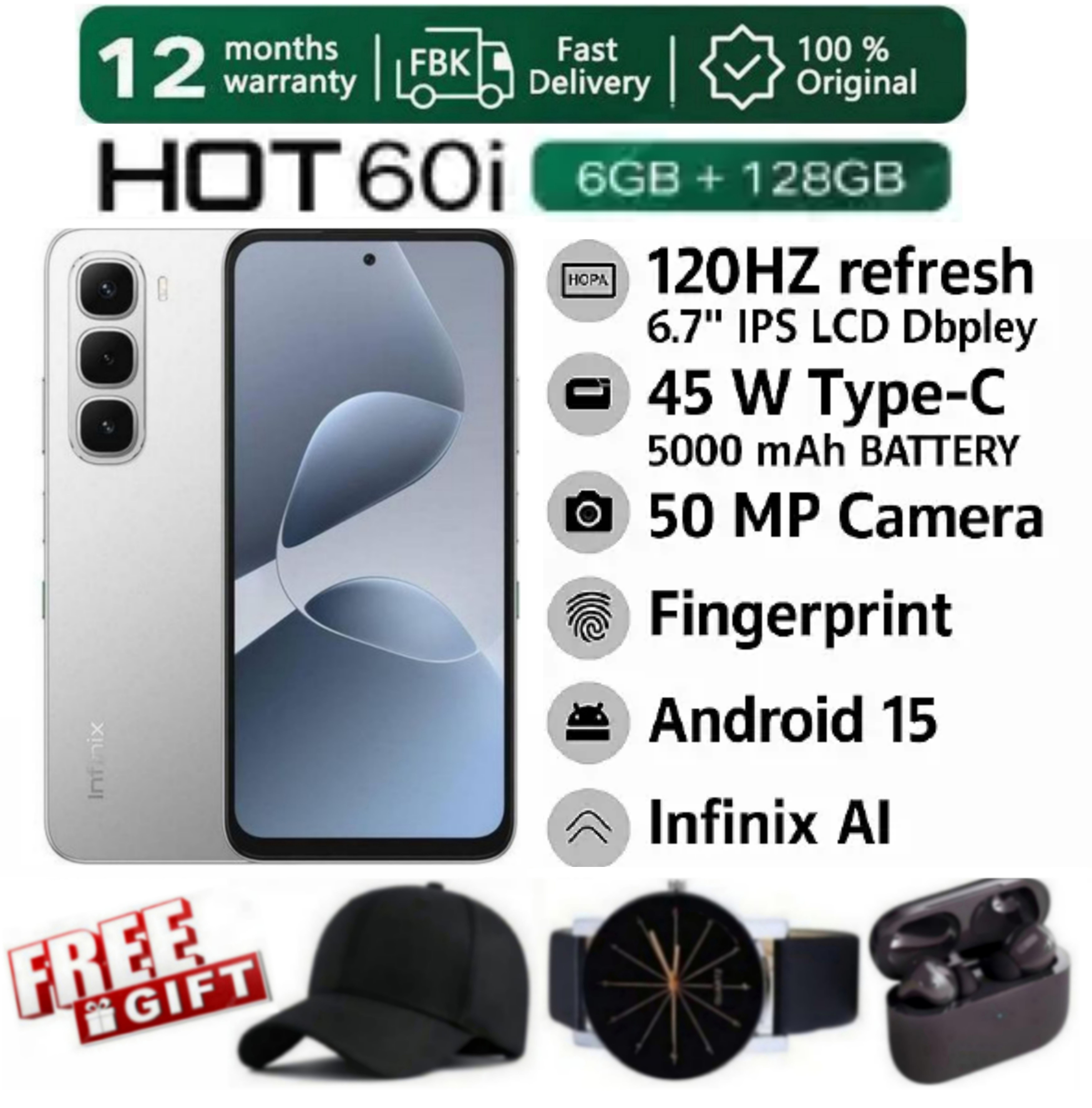 SUPER DEALS!!! [25-Month Warranty] INFINIX HOT 60i 12(6+6) GB RAM + 128GB ROM 6.7" 120Hz 4G Slim Phone Dual SIM 5160mAh 45W Fast Charging 50MP Camera MTK G8I Smart Phones + FREE GIFTS INCLUDED