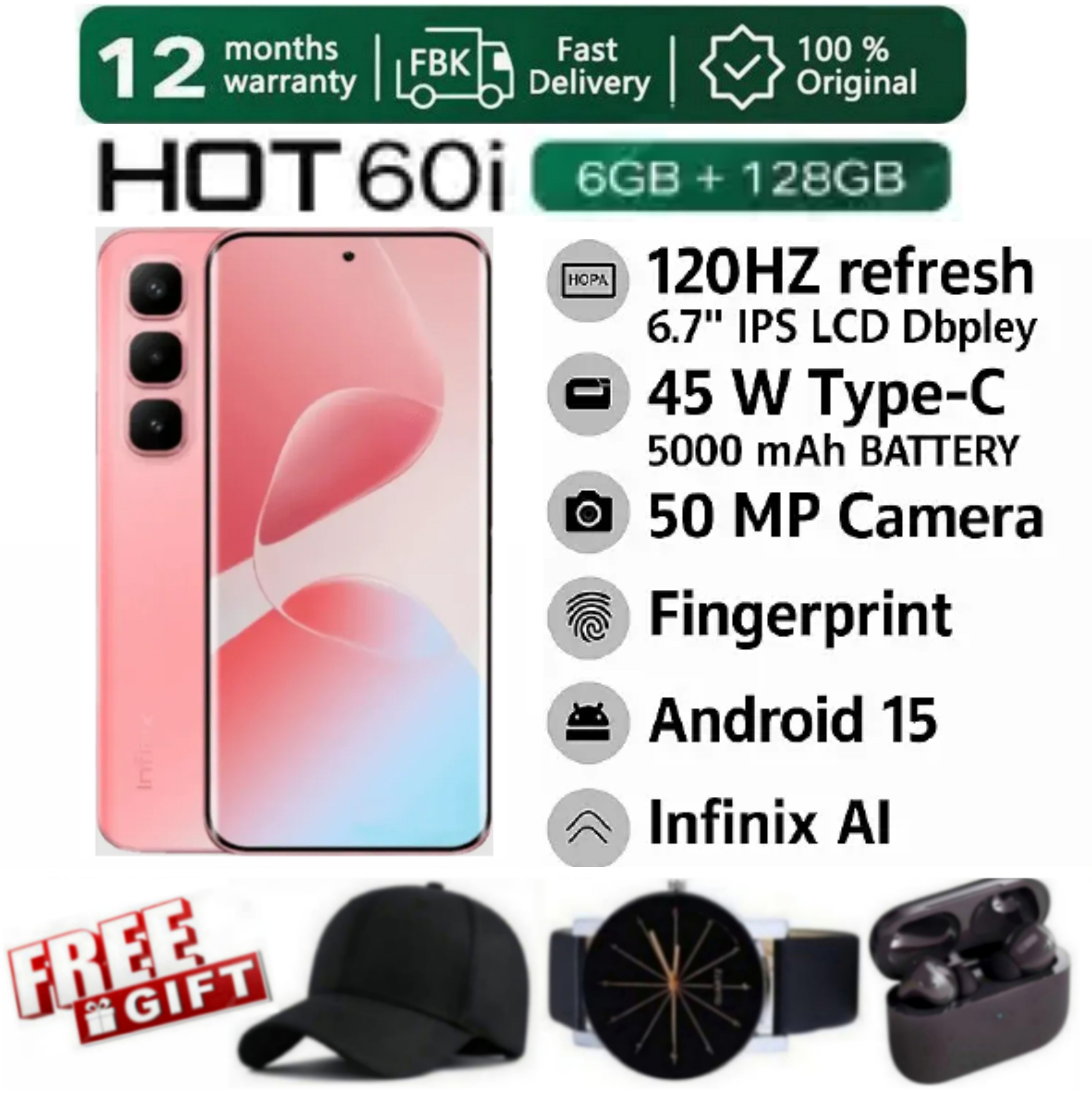 SUPER DEALS!!! [25-Month Warranty] INFINIX HOT 60i 12(6+6) GB RAM + 128GB ROM 6.7" 120Hz 4G Slim Phone Dual SIM 5160mAh 45W Fast Charging 50MP Camera MTK G8I Smart Phones + FREE GIFTS INCLUDED