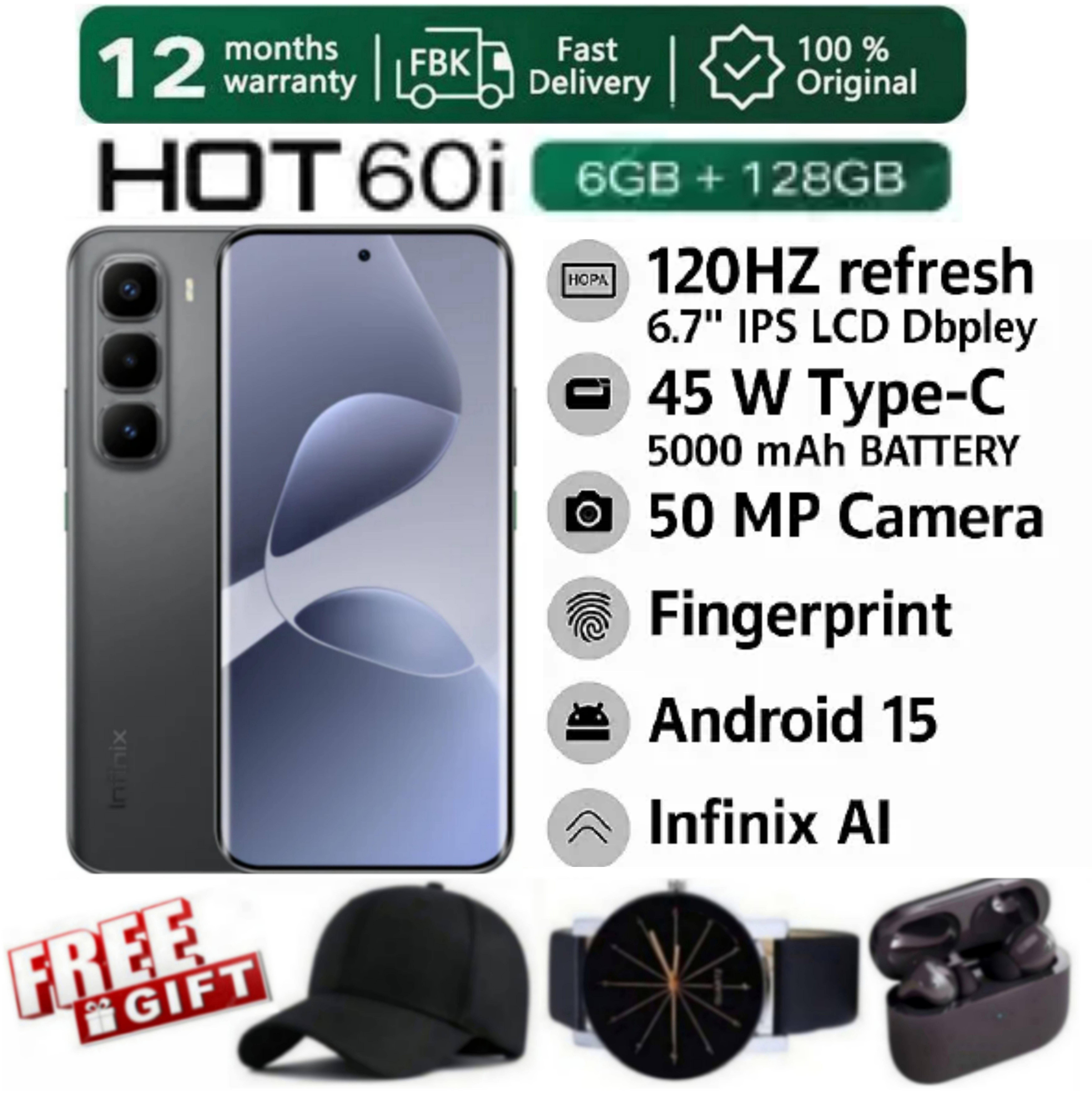 SUPER DEALS!!! [25-Month Warranty] INFINIX HOT 60i 12(6+6) GB RAM + 128GB ROM 6.7" 120Hz 4G Slim Phone Dual SIM 5160mAh 45W Fast Charging 50MP Camera MTK G8I Smart Phones + FREE GIFTS INCLUDED