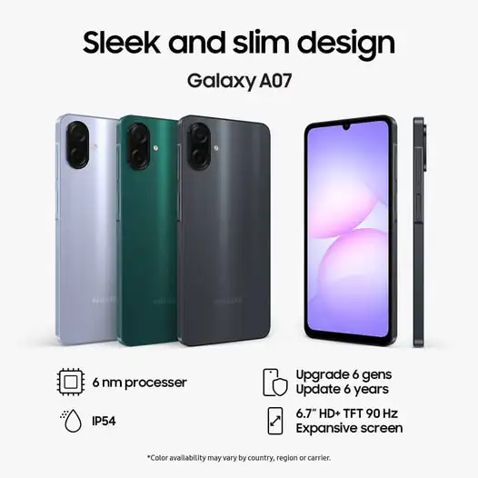 SUPER DEALS!!! SAMSUNG GALAXY A07 128GB ROM + 4GB RAM 6.7" 90Hz 50MP Dual Camera MTK Helio G99 5000mAh 25W Type-C Charge Android 15 Smart Phones IP54 Waterproof Side Fingerprint phone + FREE GIFTS