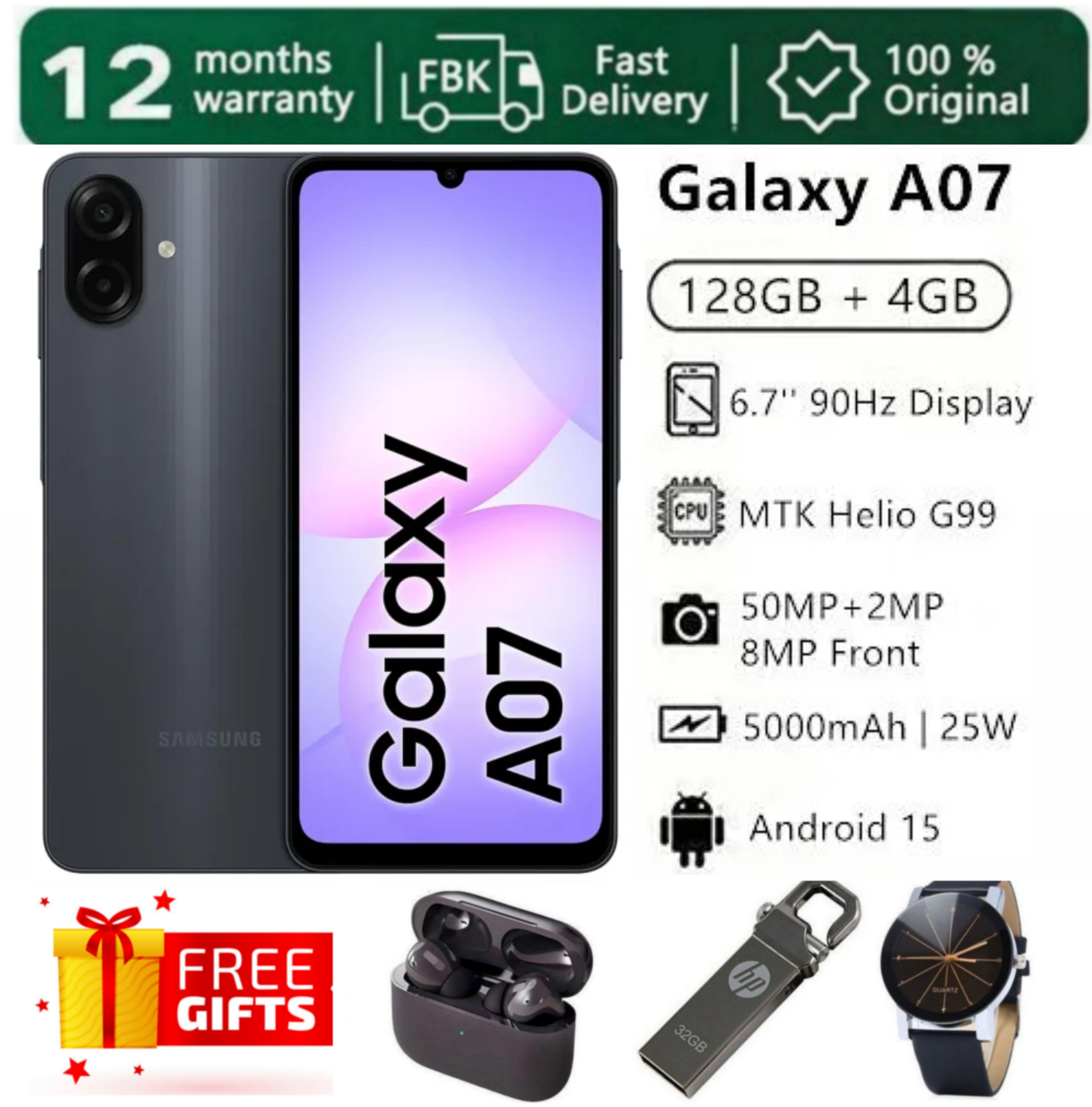 SUPER DEALS!!! SAMSUNG GALAXY A07 128GB ROM + 4GB RAM 6.7" 90Hz 50MP Dual Camera MTK Helio G99 5000mAh 25W Type-C Charge Android 15 Smart Phones IP54 Waterproof Side Fingerprint phone + FREE GIFTS