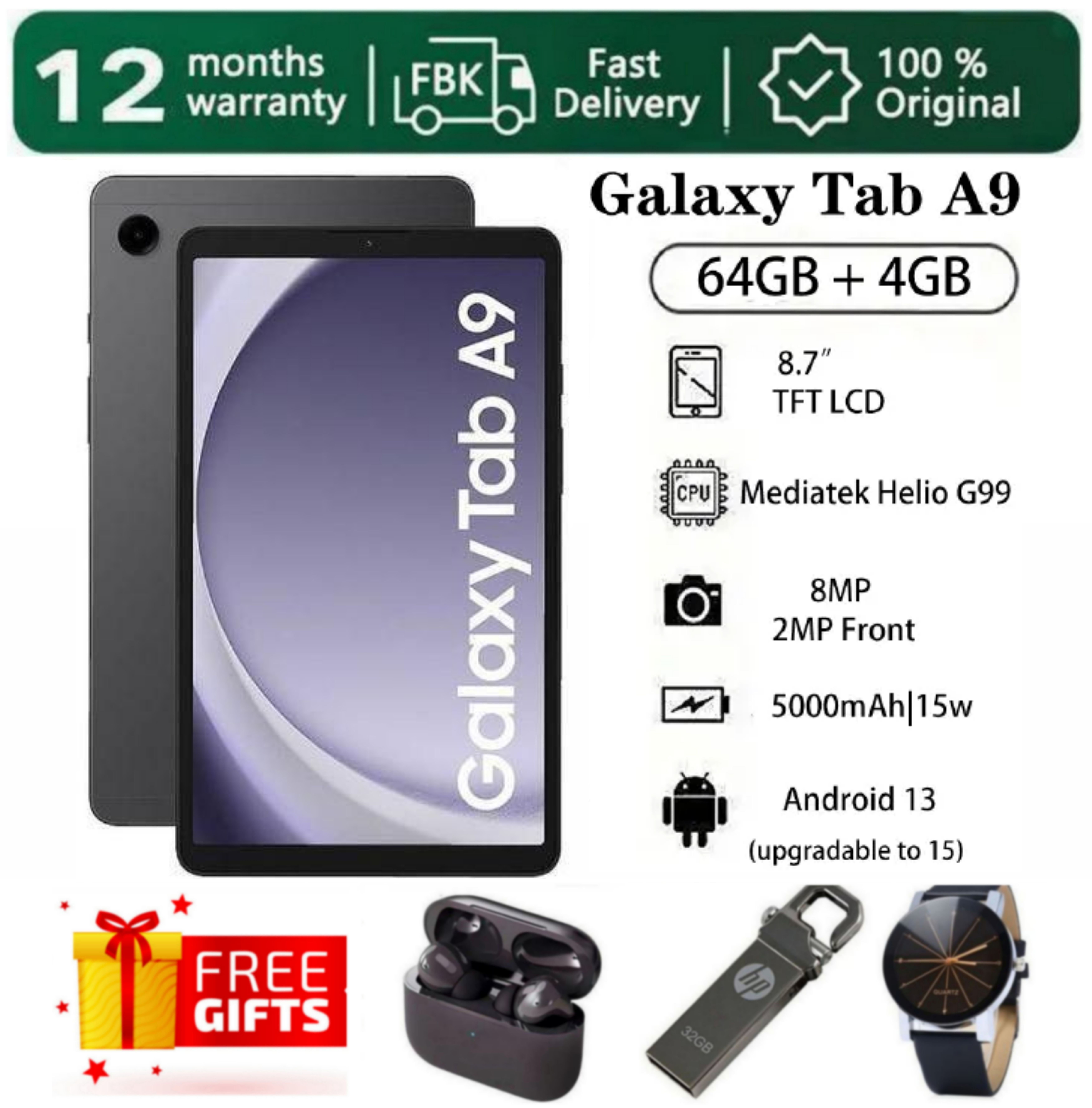 SUPER DEALS!!! SAMSUNG GALAXY Tab A9 64GB ROM Storage + 4GB RAM 8.7" TFT LCD Display 8MP Camera Android 13 (Upgradable to Android 15) MediaTek Helio G99 15W 5100mAh Tablet + FREE GIFTS INCLUDED