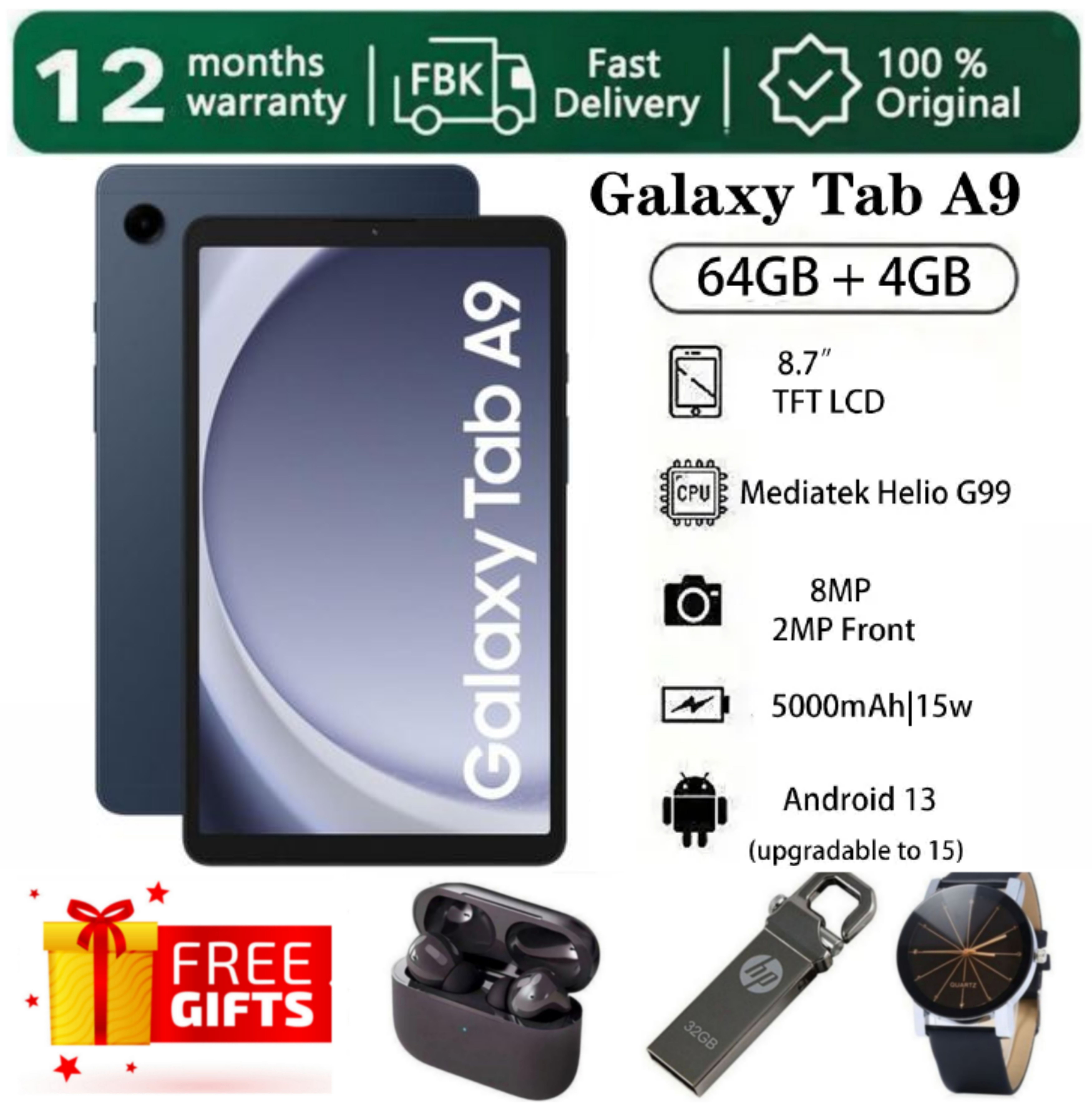 SUPER DEALS!!! SAMSUNG GALAXY Tab A9 64GB ROM Storage + 4GB RAM 8.7" TFT LCD Display 8MP Camera Android 13 (Upgradable to Android 15) MediaTek Helio G99 15W 5100mAh Tablet + FREE GIFTS INCLUDED