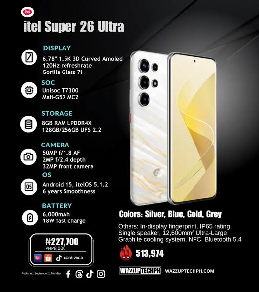 [SUPER DEALS!!!] Itel SUPER 26 ULTRA 8GB RAM + 256GB ROM Storage 6.8" Inch 144Hz 3D Curved AMOLED Display In-display fingerprint scanner IP65 6000mAh Dual sim + FREE GIFTS INCLUDED