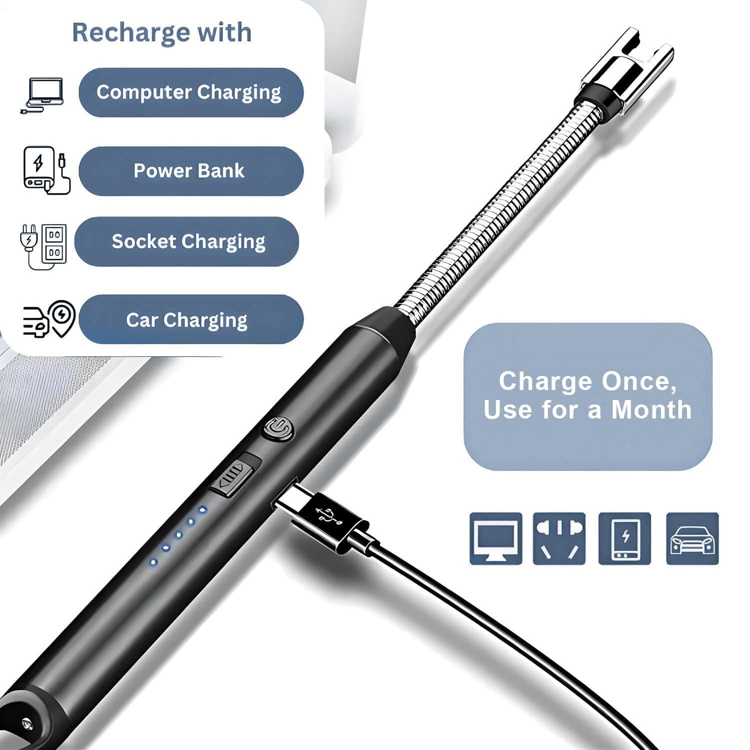 BBQ Electric Candle Lighter - Rechargeable, Windproof, USB, 360° Flexible Neck Arc Lighter (Multicolor)