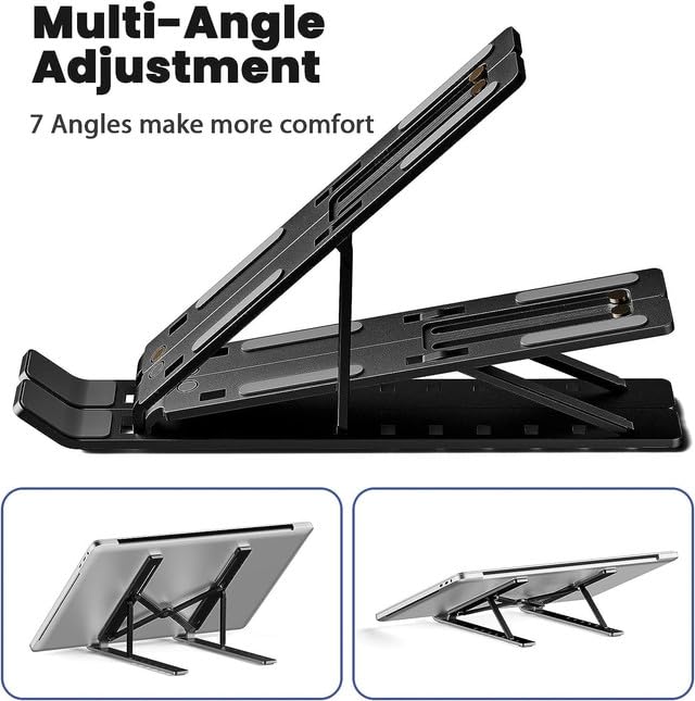 Adjustable Foldable Aluminum Laptop Stand with Detachable Cooling Fan 7-Level Height, Anti-Slip, Portable Metal Desktop Holder for 16-18” Laptops & Tablets