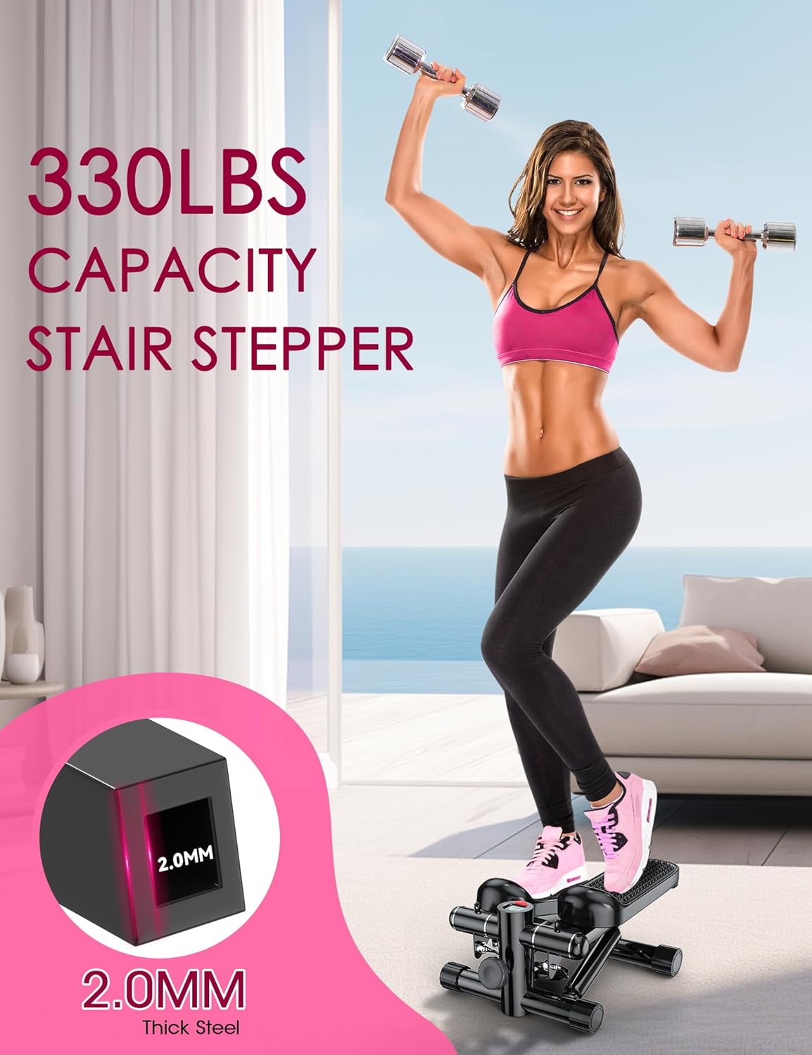 Mini Steppers for Exercise, Stair Stepper 330 lb Capacity, Workout Stepper Machine for Exercise at Home, Step Machine with Resistance Bands