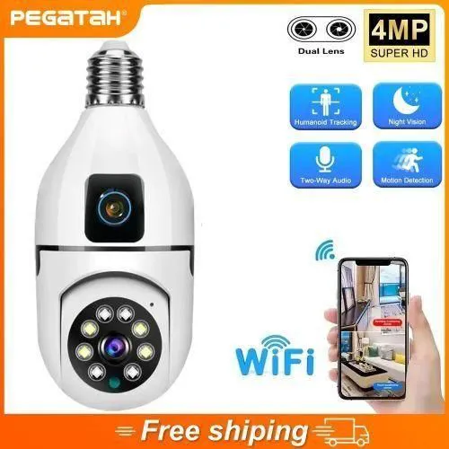 Light Bulb Security Camera Outdoor, Two-Way Intercom Body Tracking Multiple Viewers, for Home Security Recording 2-lens