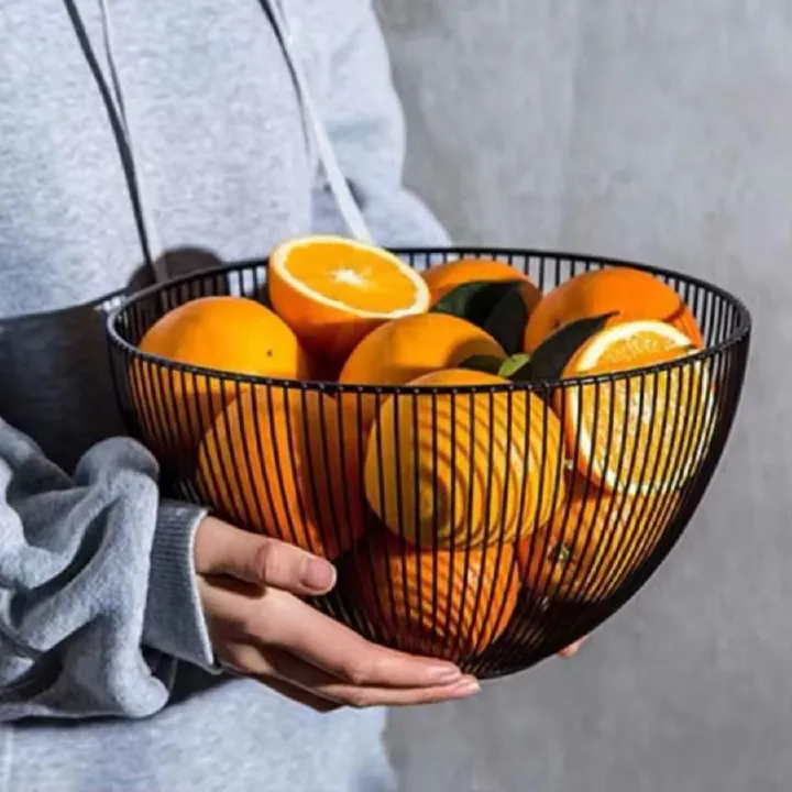 Metal Wire Fruit Basket, Large Round Storage Baskets for Bread, Fruit, Snacks, Candy, Households Items. Fashion Fruit Bowl Decorate Living Room, Kitchen, Countertop (Black)