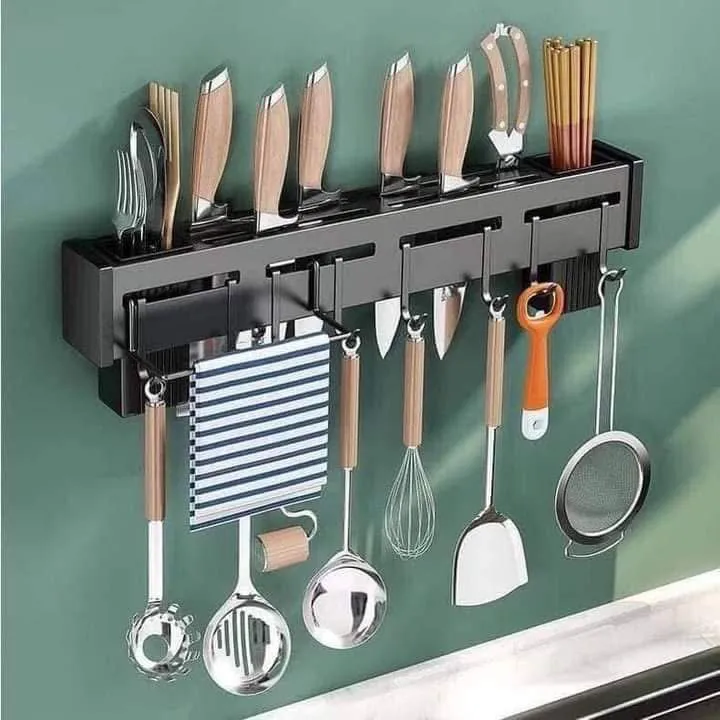 Kitchen Knife Rack, Spoon Knife Organizer, Heavy Duty Iron Material Knife Holder, Utensils Organizer, Wall Mounted Spoon Organizer, Kitchen Cutlery Organizer with towel rack and 8 hooks.