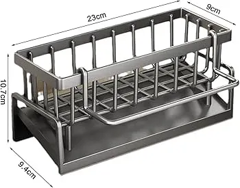 Sink Organizer with Drip Tray 45° Inclined, Dish Soap Sponge Holder, Kitchen Bathroom Stainless Steel Sink Caddy, with Cleaning Towel Rod