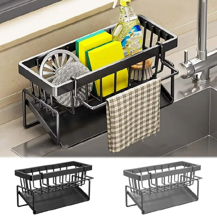 Sink Organizer with Drip Tray 45° Inclined, Dish Soap Sponge Holder, Kitchen Bathroom Stainless Steel Sink Caddy, with Cleaning Towel Rod