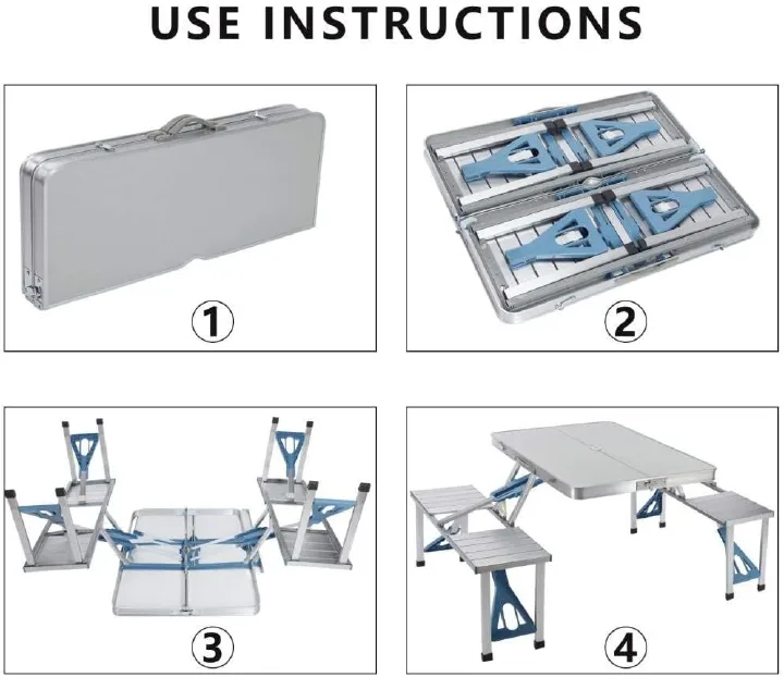 Aluminum Folding Camping Picnic Table With 4 Seats Umbrella Hole Portable Set Outdoor Garden Indoor Travel, Camping, Hole for Parasol, Foldable with Handle