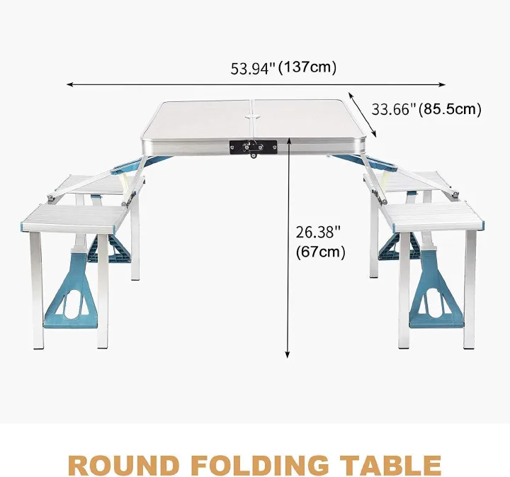 Aluminum Folding Camping Picnic Table With 4 Seats Umbrella Hole Portable Set Outdoor Garden Indoor Travel, Camping, Hole for Parasol, Foldable with Handle