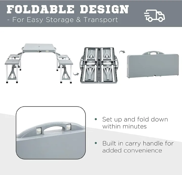 Aluminum Folding Camping Picnic Table With 4 Seats Umbrella Hole Portable Set Outdoor Garden Indoor Travel, Camping, Hole for Parasol, Foldable with Handle