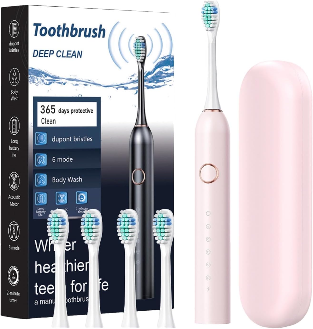 Rechargeable Toothbrushes with Case, Rechargeable Electric Toothbrush | Electric Toothbrush for Adults - Rechargeable, Lasts 180 Days, Deep Cleaning, with 3 Brush heads