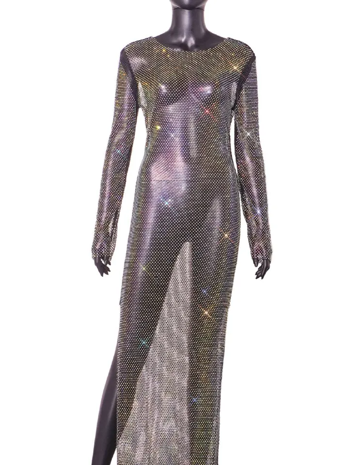 Sexy see through rhinestone black maxi summer dress women fishnet beach club party dress long sleeve evening dresses vestidos